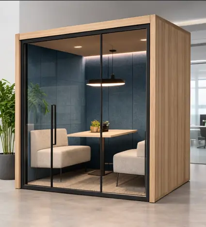 Acoustic meeting booth manufacturer in Mumbai - oak and navy booth with pendant light