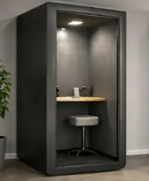 Acoustic office phone booth manufacturer in Mumbai - charcoal booth with oak worktop
