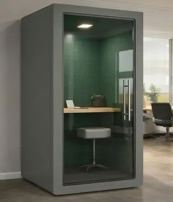 Office phone booth in Mumbai by Ezeefit - grey booth with green felt interior