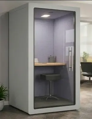 Acoustic phone booth manufacturer in Mumbai - white booth with lilac acoustic panels