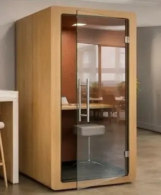 Acoustic office phone booth supplier in Mumbai - oak veneer booth with glass door