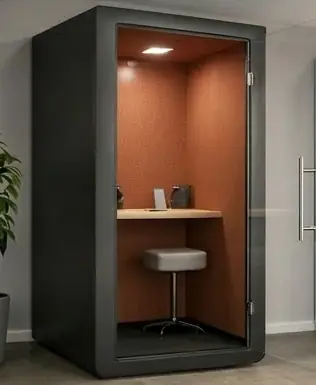 Acoustic phone booth supplier in Mumbai - terracotta interior with black frame