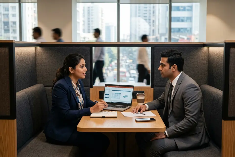 Acoustic meeting booth supplier in Mumbai - professionals meeting inside an Ezeefit booth