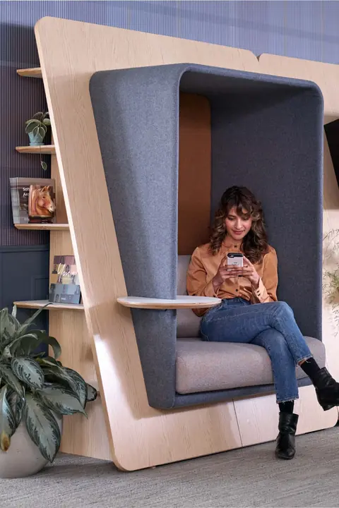 Acoustic discussion booth in Mumbai - oak-framed nook with grey felt hood