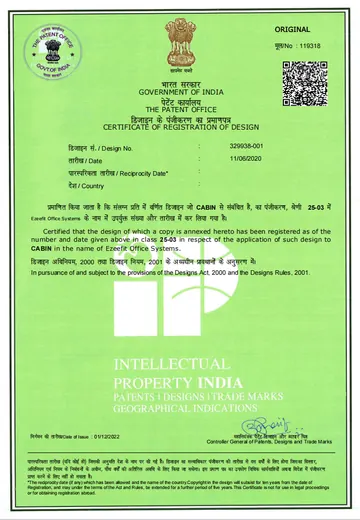 Acoustic meeting booth registered design certificate No. 329938-001 - Ezeefit Office Systems, Mumbai