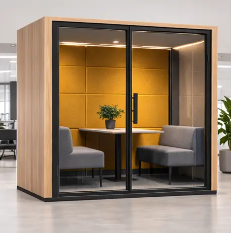 Acoustic meeting booth supplier in Mumbai - oak booth with mustard acoustic panels