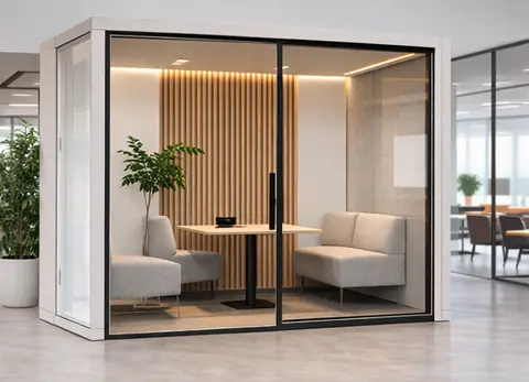 Office meeting booth manufacturer in Mumbai - white booth with wooden slat wall