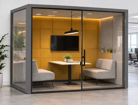 Office meeting booth supplier in Mumbai - yellow acoustic wall with AV screen