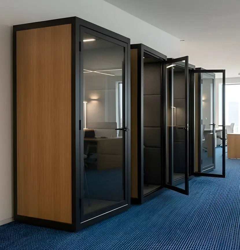 Acoustic office phone booth manufacturer in Mumbai - row of Ezeefit phone booths with oak finish