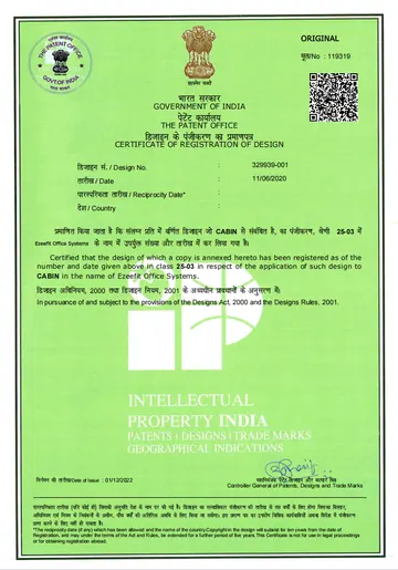 Acoustic phone booth registered design certificate No. 329939-001 - Ezeefit Office Systems, Mumbai