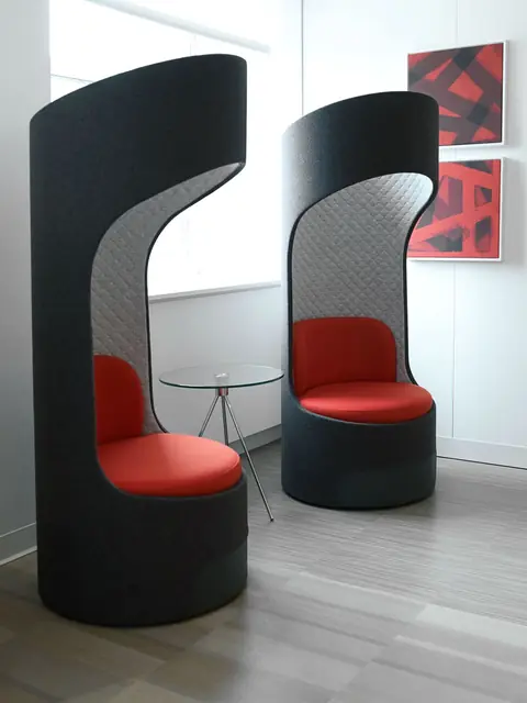 Acoustic pod chair manufacturer in Mumbai - hooded charcoal felt pods with red seats