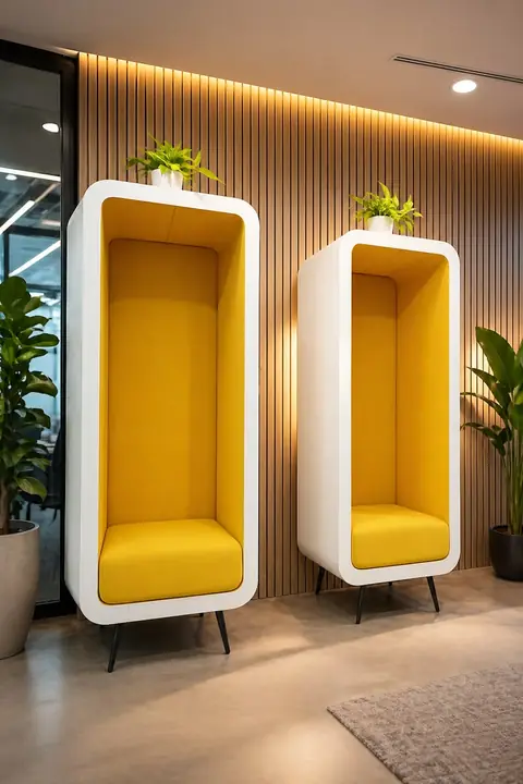 Acoustic work pod in Mumbai - white and yellow seating nooks